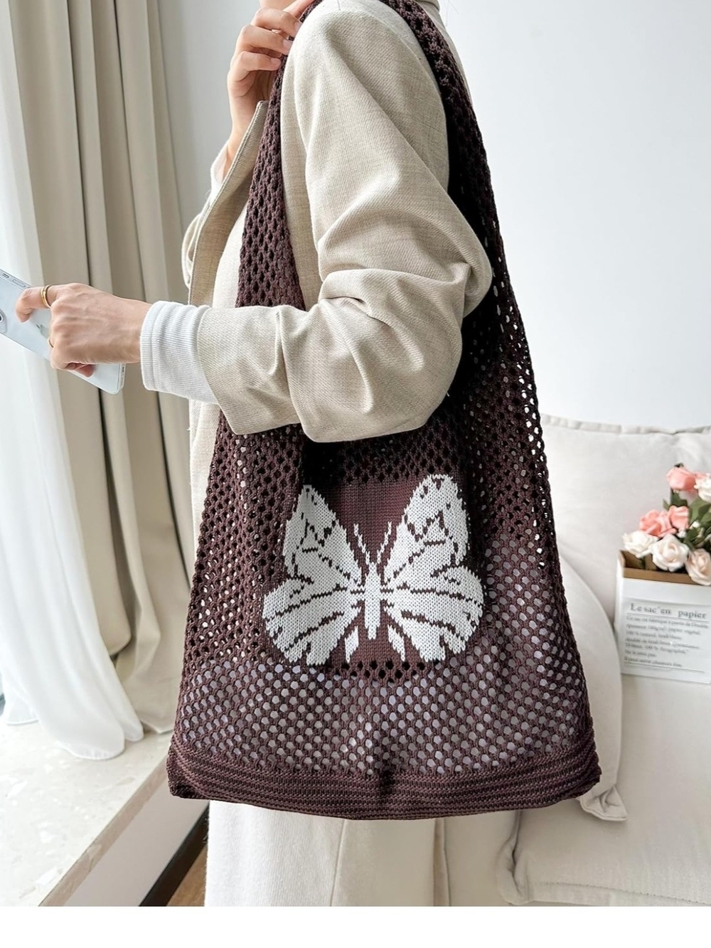 Brown Butterfly Knit Tote Bag - Stylish Everyday Shoulder Bag